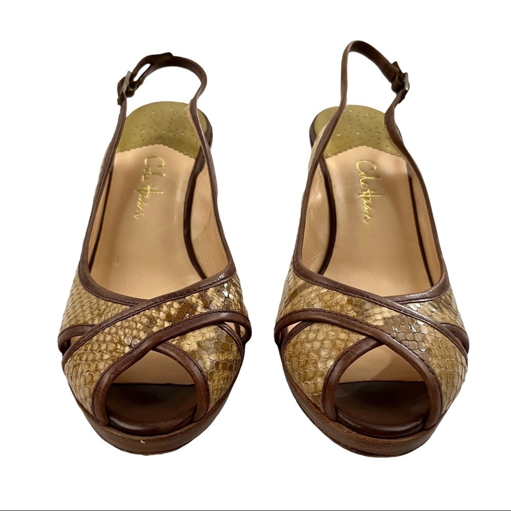 COLE HAAN Textured Snakeskin Slingback Peep Toe Wedge Sandals - Picture 4 of 9